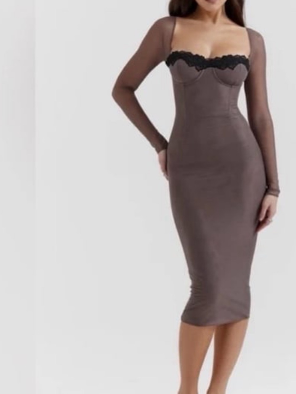 House of CB Taupe Midi Dress with Black Lace Trim